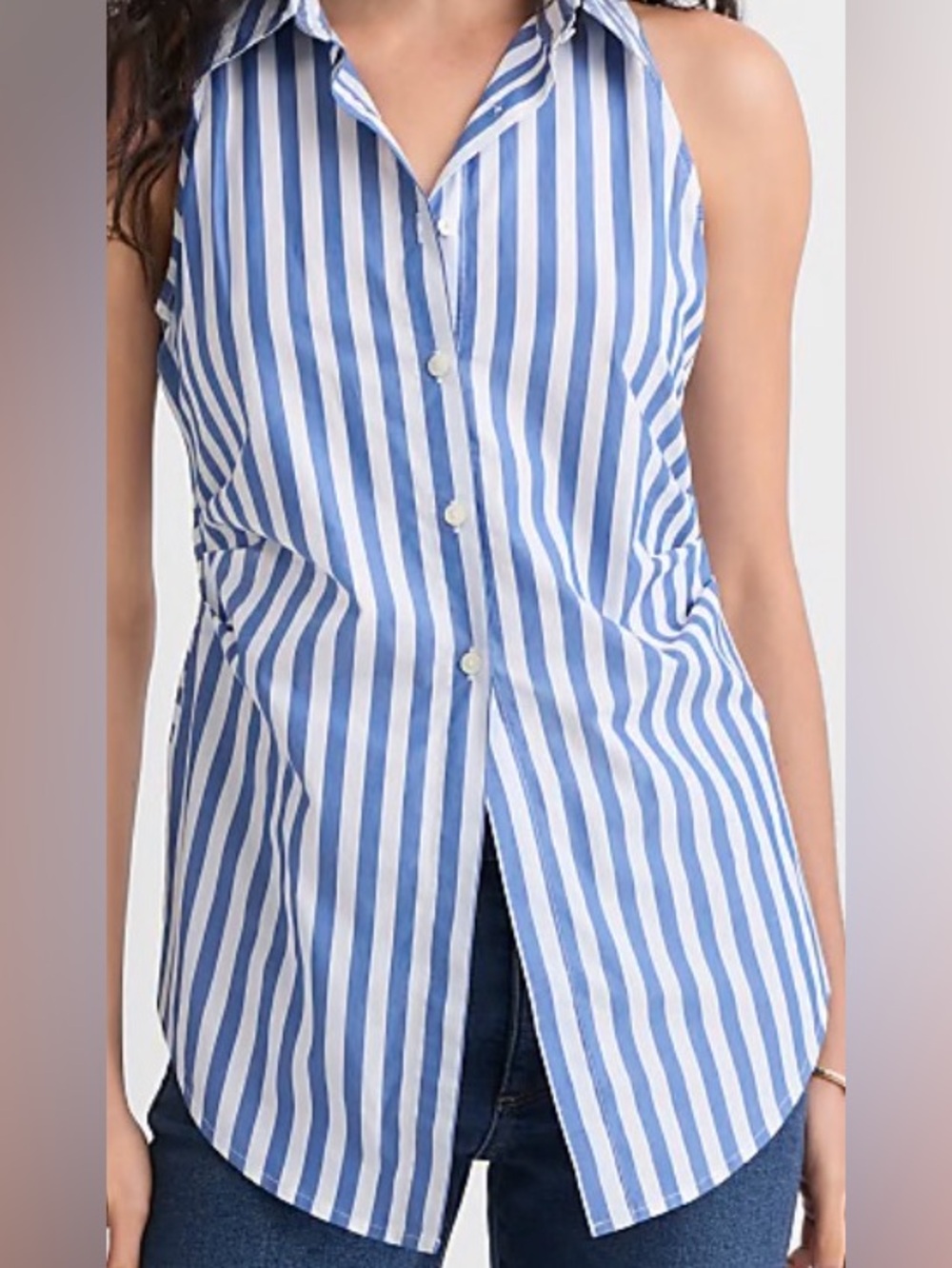 LOFT  Poplin Blue and White Vertical Stripe Sleeveless Button-Down Shirt